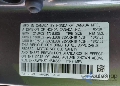 2020 Honda Cr-V Awd Ex-L z USA, uszkodzony, nr VIN 2HKRW2H87LH644887
